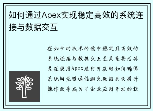 如何通过Apex实现稳定高效的系统连接与数据交互